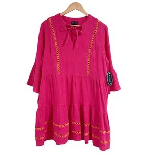 Scoop NYC Beachy Babydoll Tiered Dress 3/4 Flounce Sleeve Tie Neck Pink Small